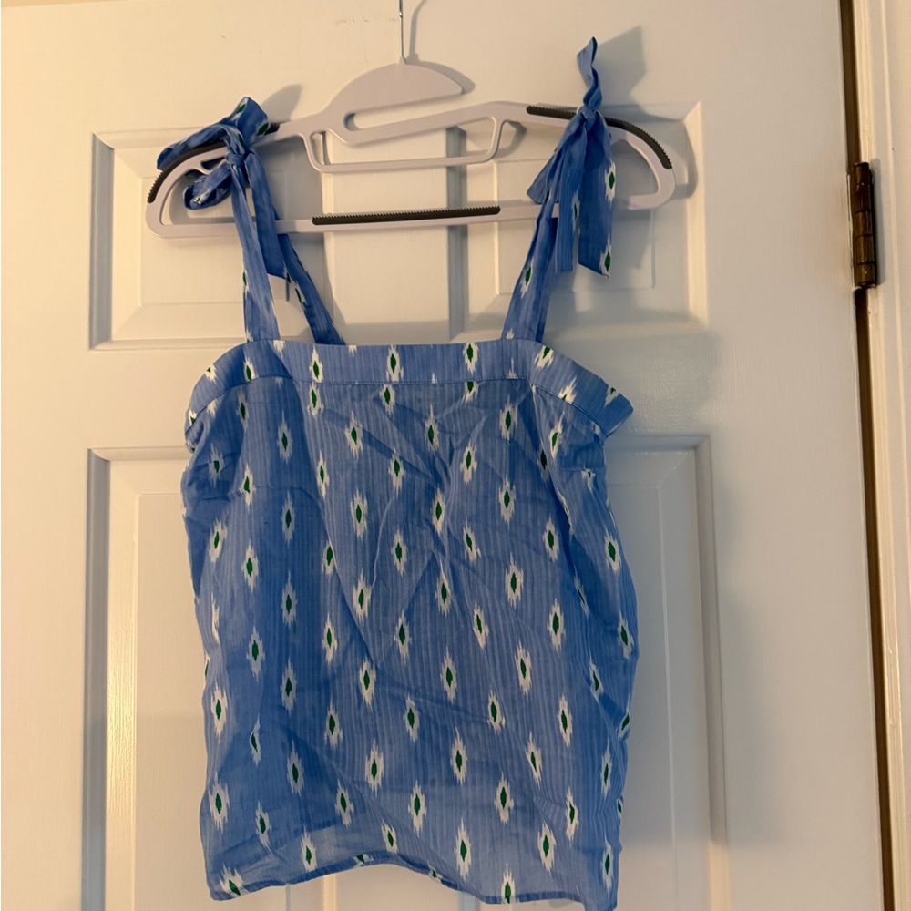 J. Crew Blue Tie-Shoulder Camisole Blouse with Green Ikat Print